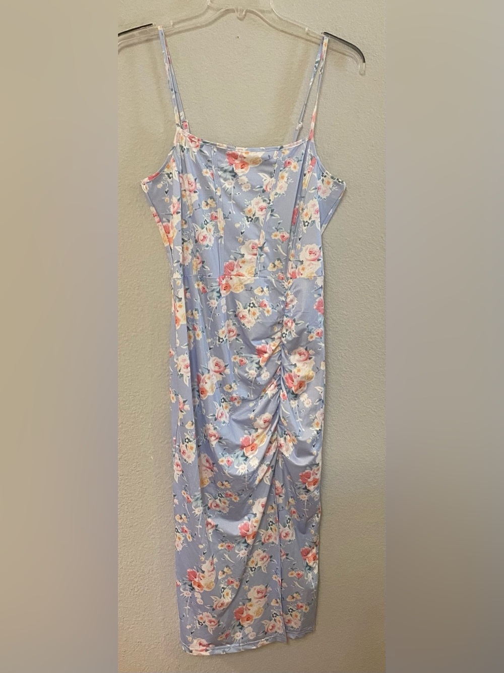 Light Blue Floral Ruched Midi Dress - Size XL - NWOT!